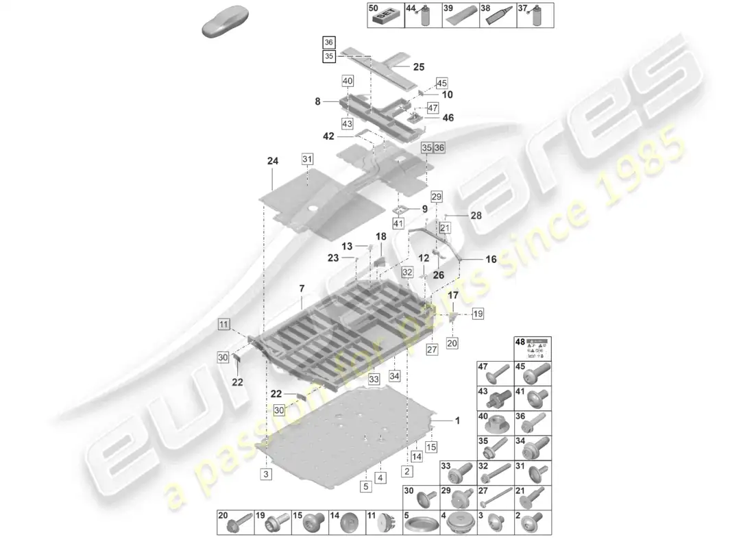 porsche 2023 (taycan 9j1-1) diagrama de piezas de la carcasa de la unidad de accionamiento eléctrico de la batería de repuesto