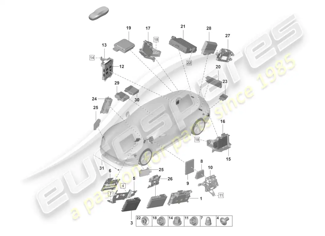 porsche 2020 (taycan 9j1-1) unidades de control unidad de control para sistemas de asistencia al conductor unidad de control para gestión térmica unidad de control (bcm) para sistema de conversión y fuente de alimentación ob unidad de control para asistencia de cambio de carril unidad de control para apertura de puerta de garaje unidad de control enganche de remolque techo de cristal diagrama de piezas