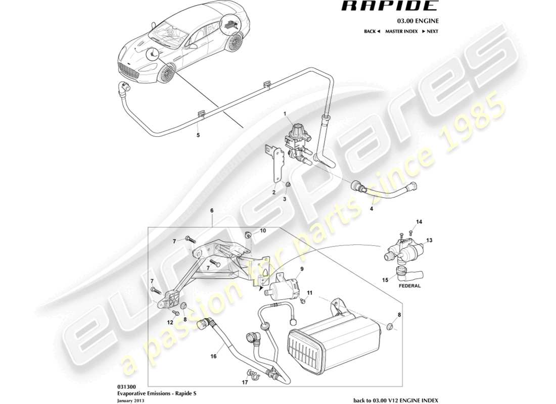 aston martin rapide (2014) diagrama de partes de emisiones evaporativas
