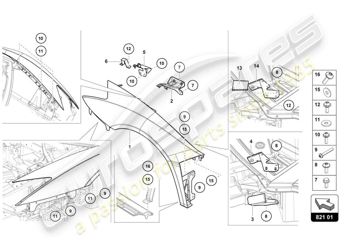 lamborghini 2016 (lp700-4 coupe) diagrama de pieza del ala delantera