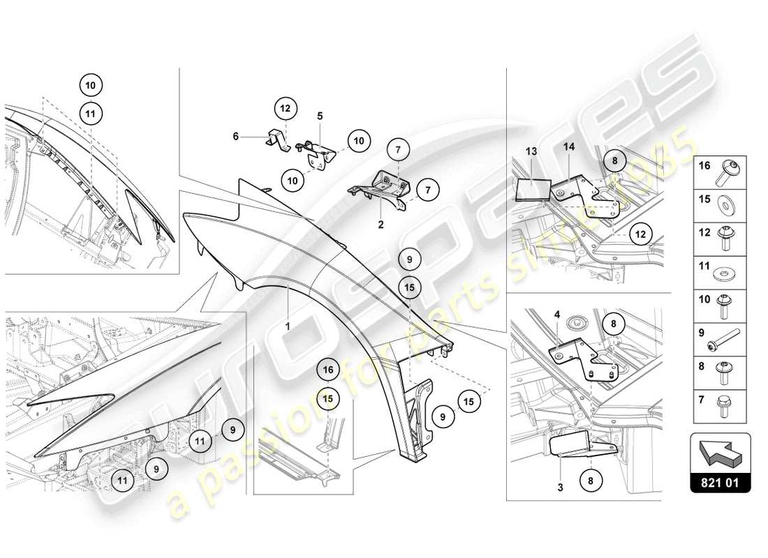 lamborghini lp700-4 coupe (2016) diagrama de pieza del ala delantera