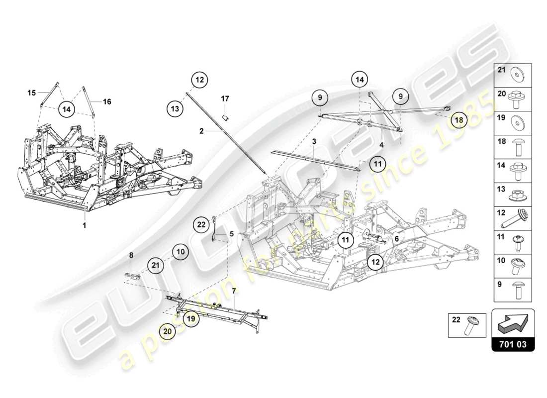 lamborghini lp740-4 s roadster (2020) parte trasera del marco de acabado diagrama de piezas