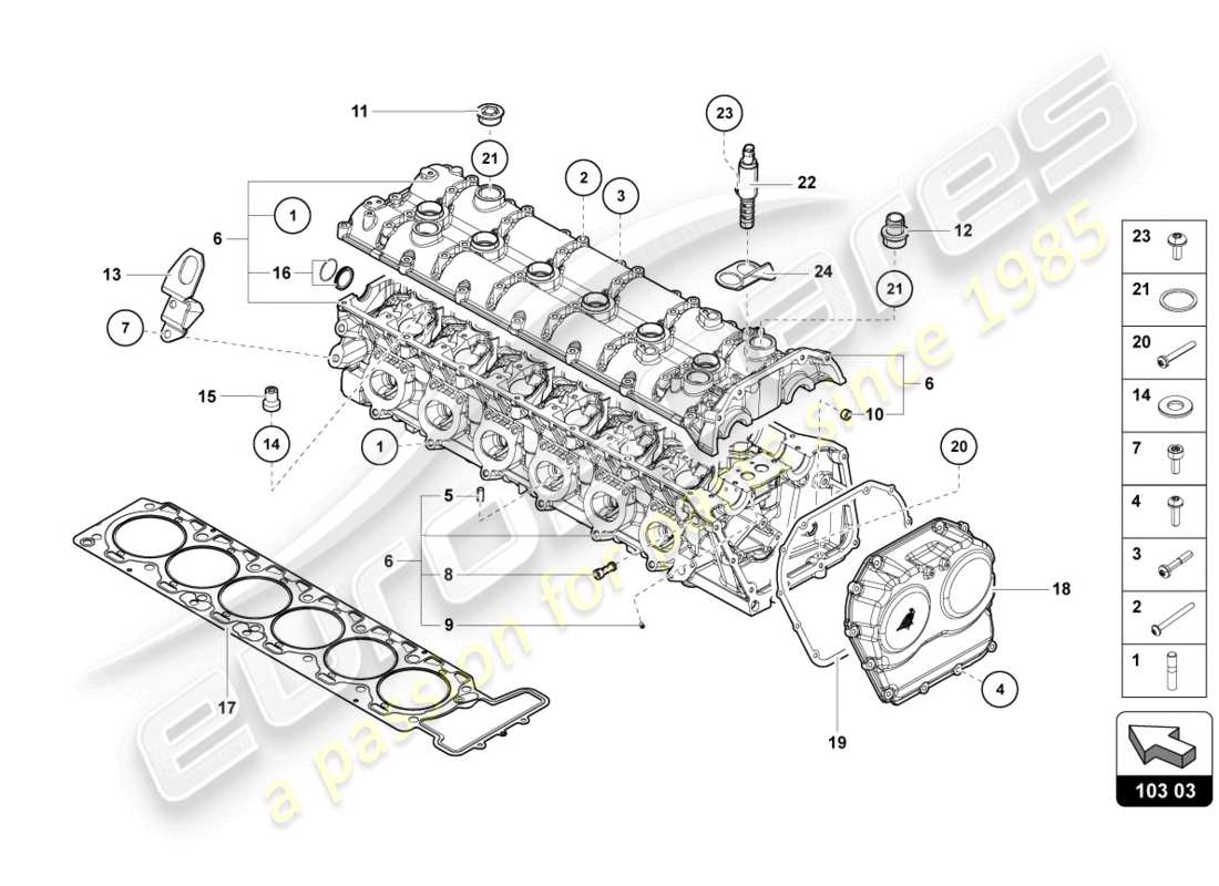 lamborghini lp740-4 s roadster (2020) culata con espárragos y manguitos de centrado esquema de piezas