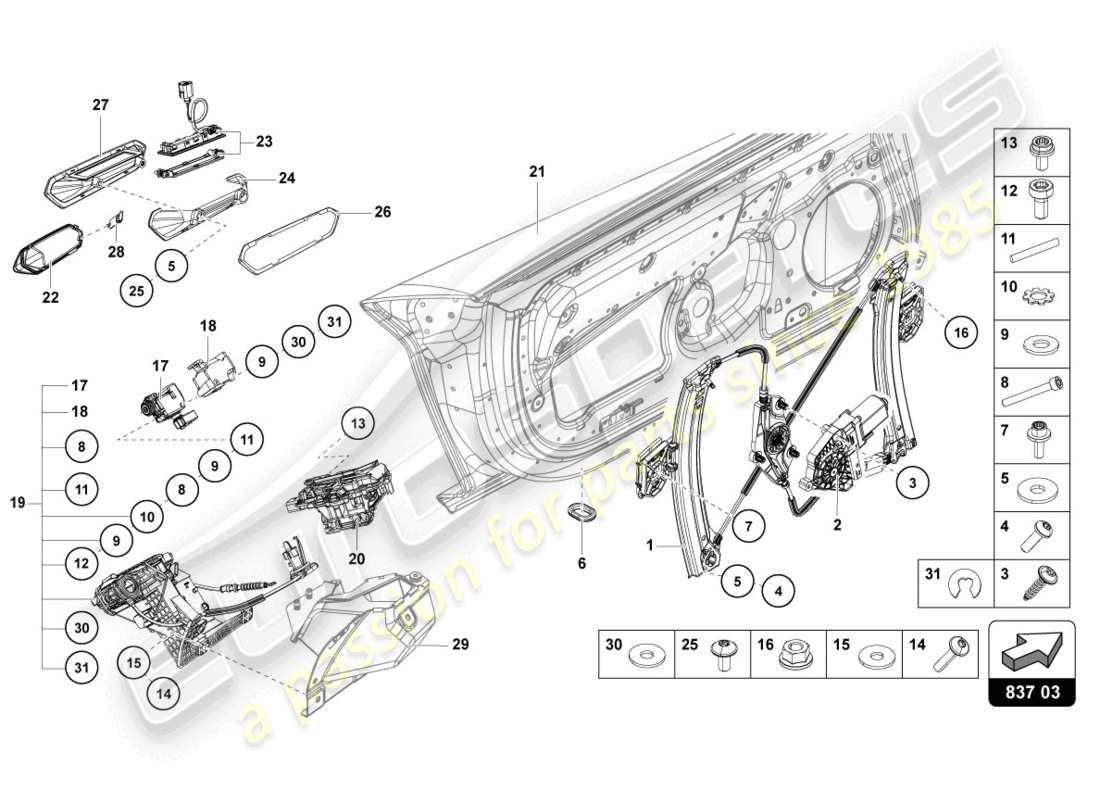 lamborghini lp740-4 s roadster (2021) diagrama de piezas de la puerta del conductor y del pasajero