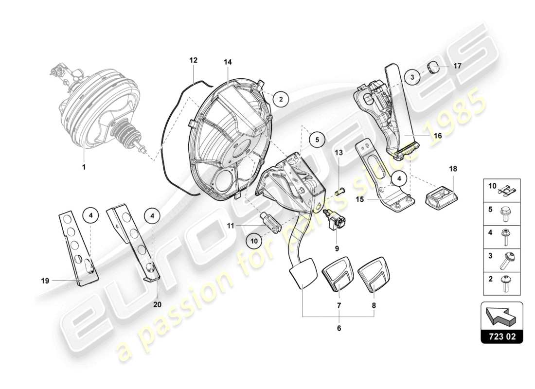 lamborghini lp770-4 svj coupe (2019) freno y aceleración. palanca mecanica. diagrama de piezas