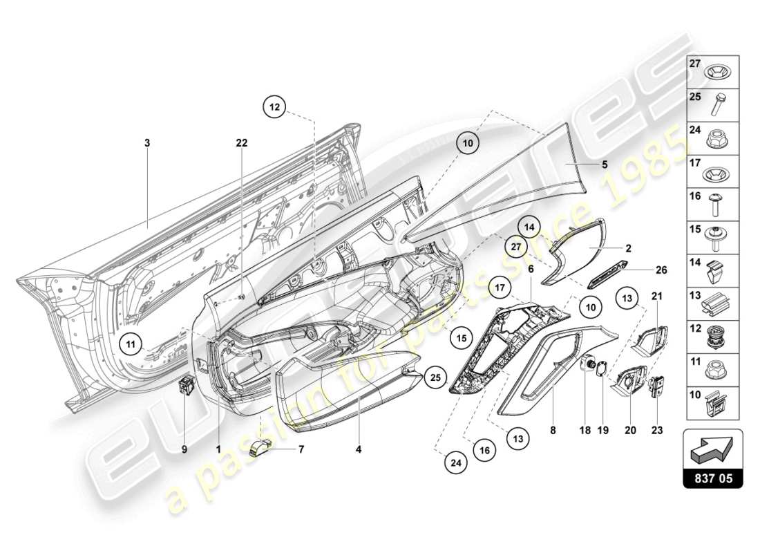 lamborghini 2013 (lp700-4 roadster) diagrama de piezas de la puerta del conductor y del pasajero