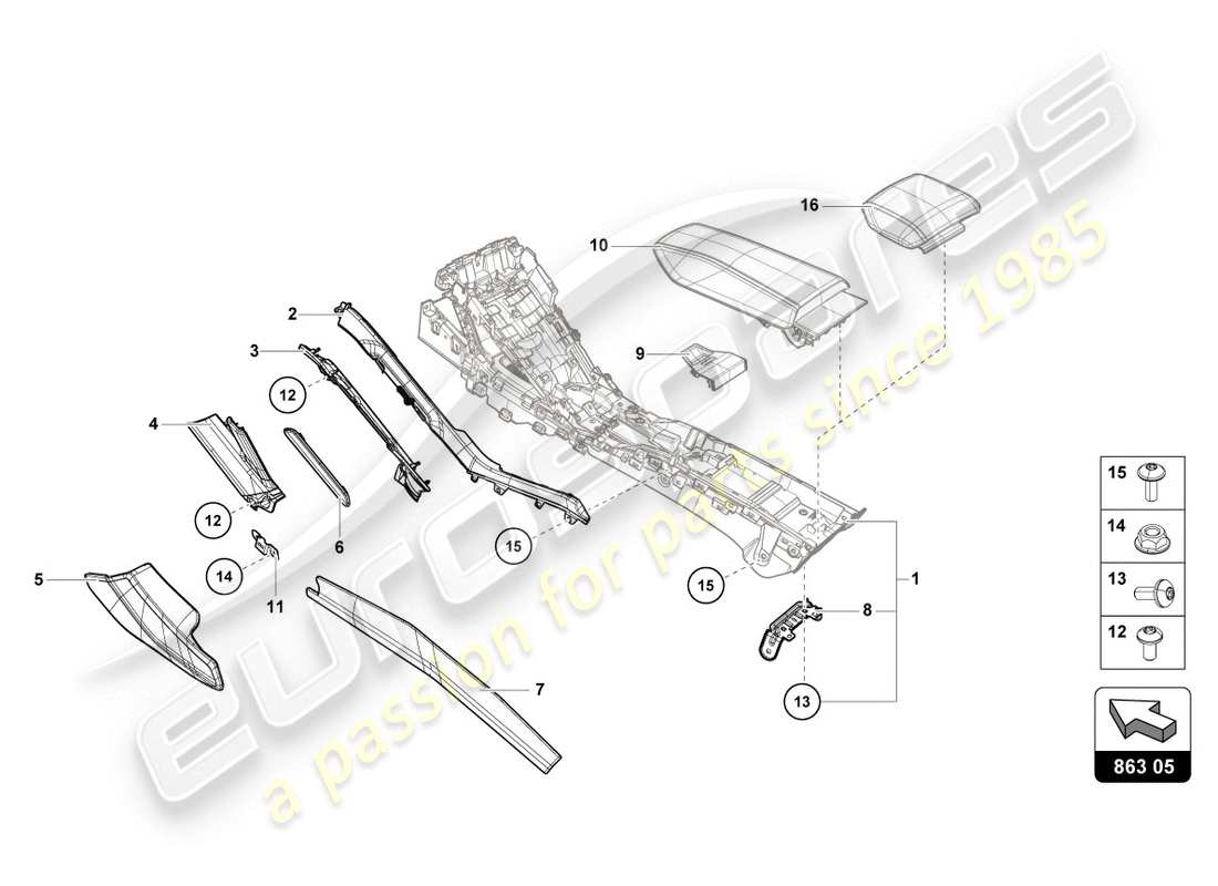 lamborghini lp610-4 coupe (2018) diagrama de piezas del trim del túnel