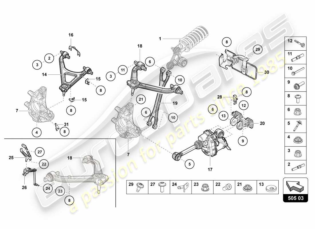 lamborghini centenario coupe (2017) suspensión trasera diagrama de piezas