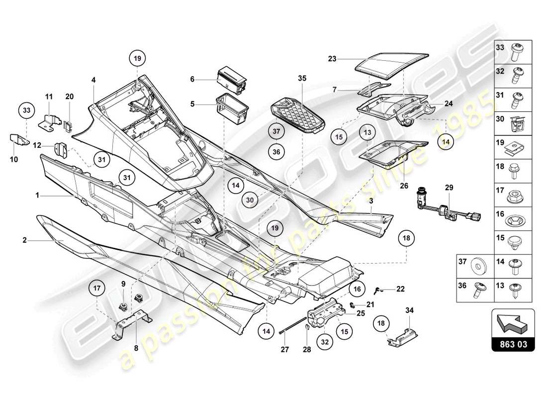 lamborghini lp700-4 coupe (2015) diagrama de pieza trasero del túnel