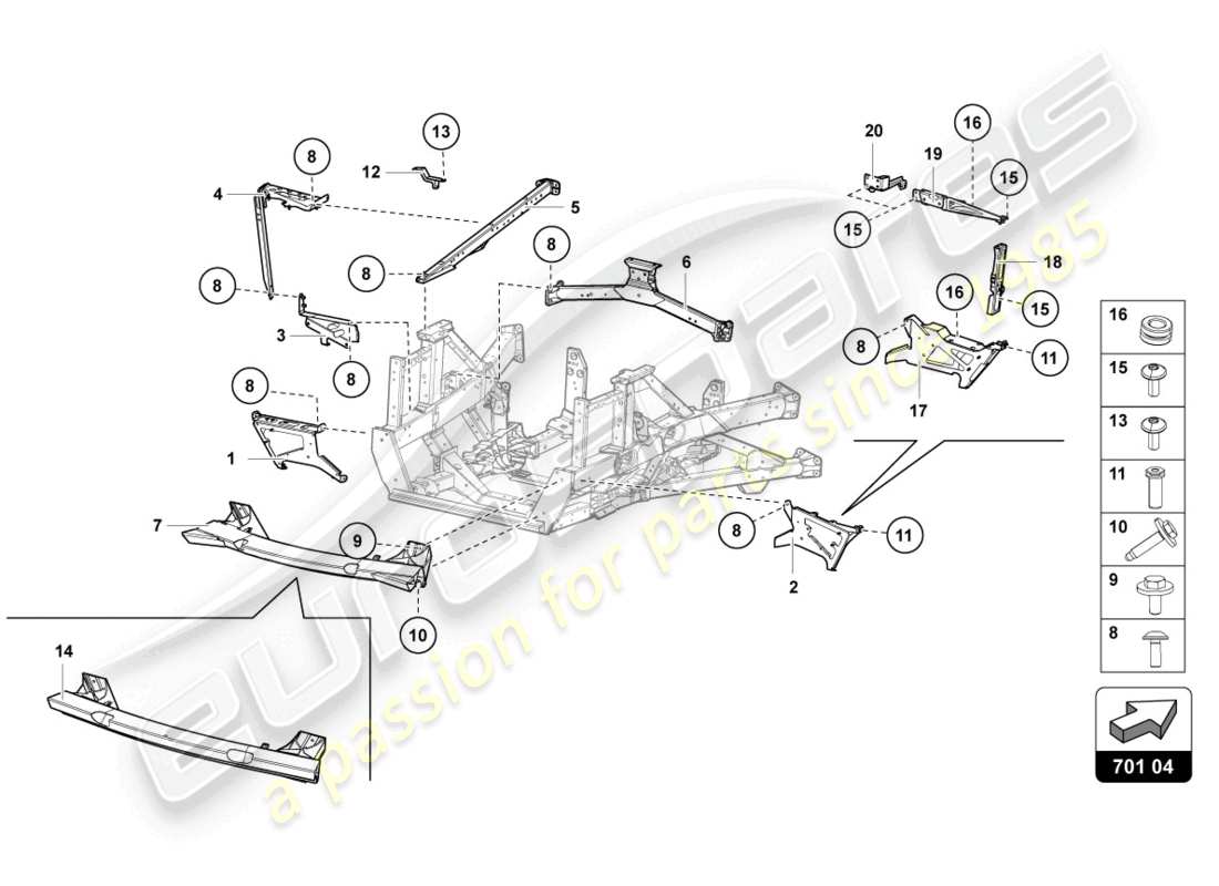 lamborghini lp740-4 s coupe (2021) parte trasera del marco de acabado diagrama de piezas