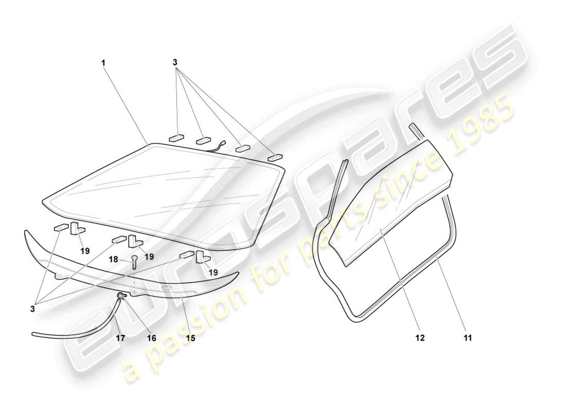 lamborghini murcielago roadster (2005) diagrama de piezas de vidrios para ventanas