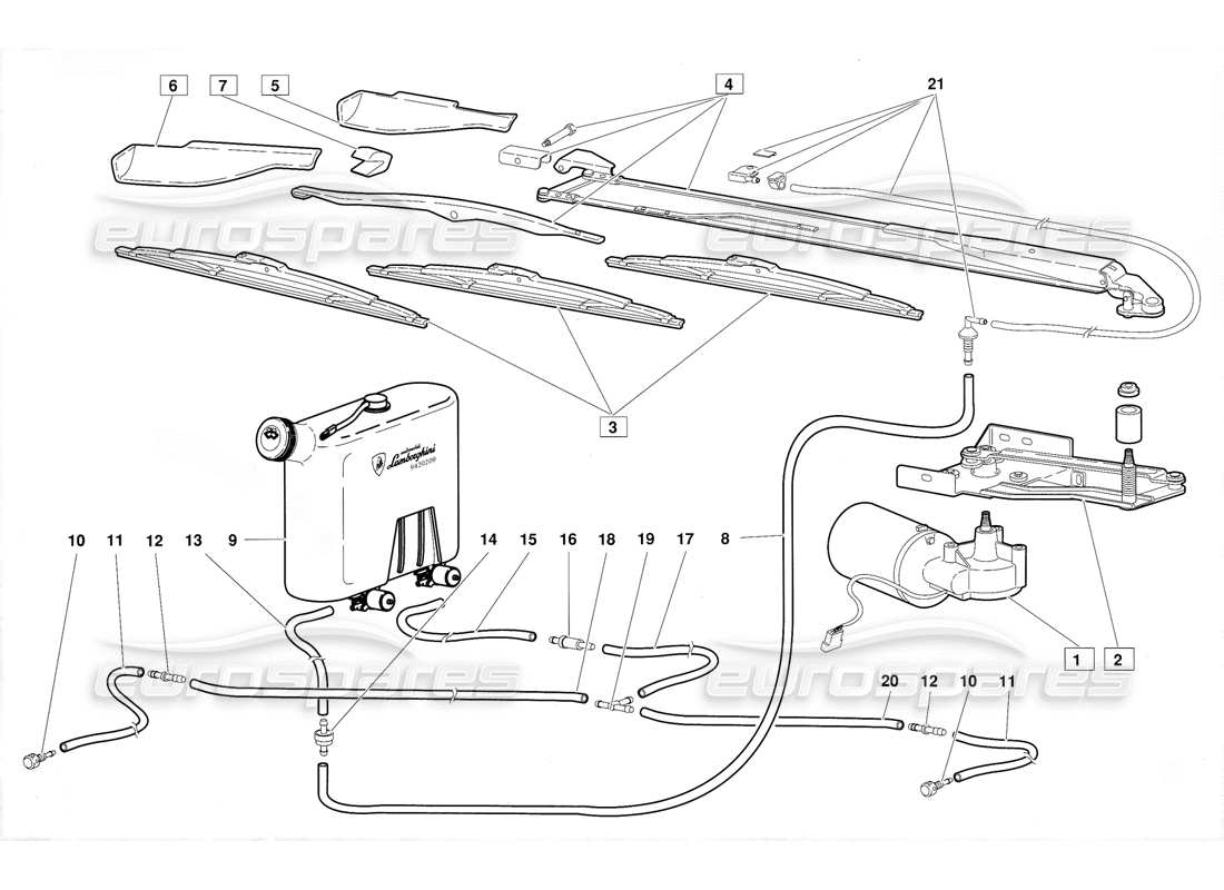 lamborghini diablo (1991) diagrama de piezas del limpiaparabrisas y lavafaros (válido para la versión 1992 de junio)