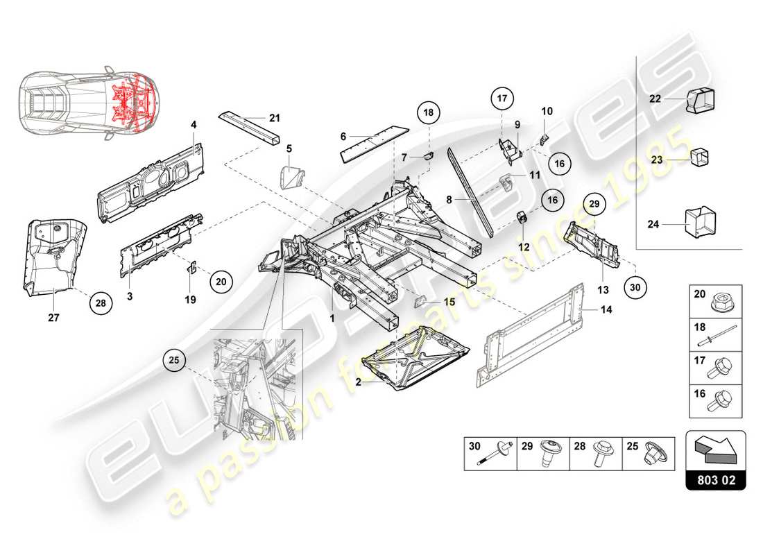lamborghini evo spyder 2wd (2020) diagrama de piezas del marco frontal