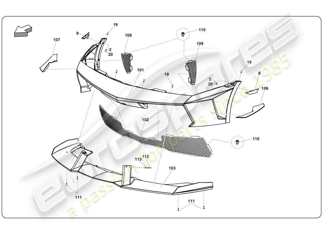 lamborghini super trofeo (2009-2014) diagrama de piezas del parachoques delantero