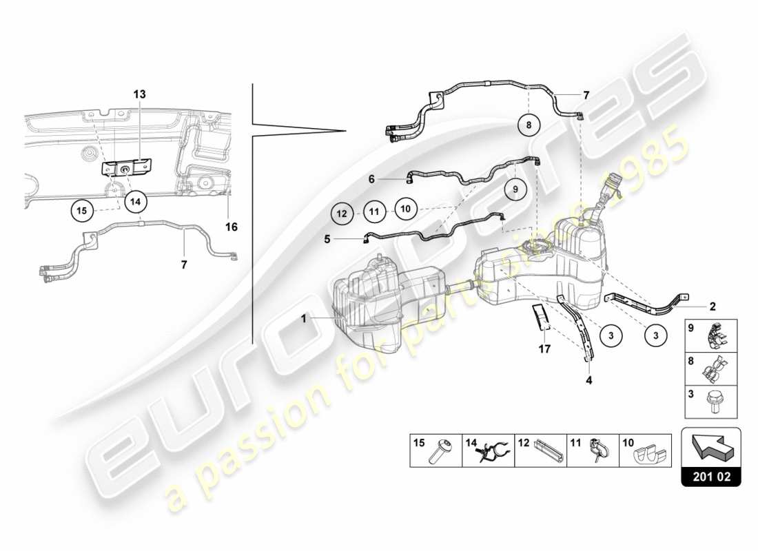 lamborghini lp580-2 spyder (2018) para sujetadores de la línea de combustible y del tanque de combustible diagrama de piezas