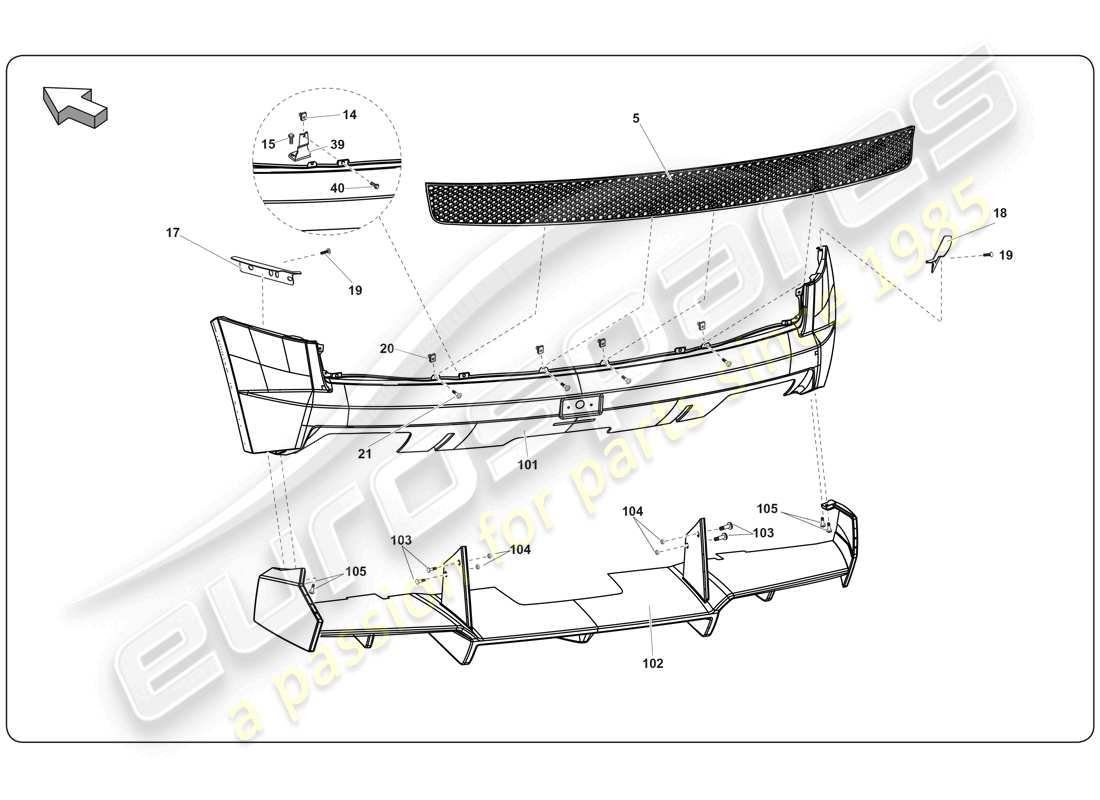 lamborghini super trofeo (2009-2014) diagrama de piezas del parachoques trasero