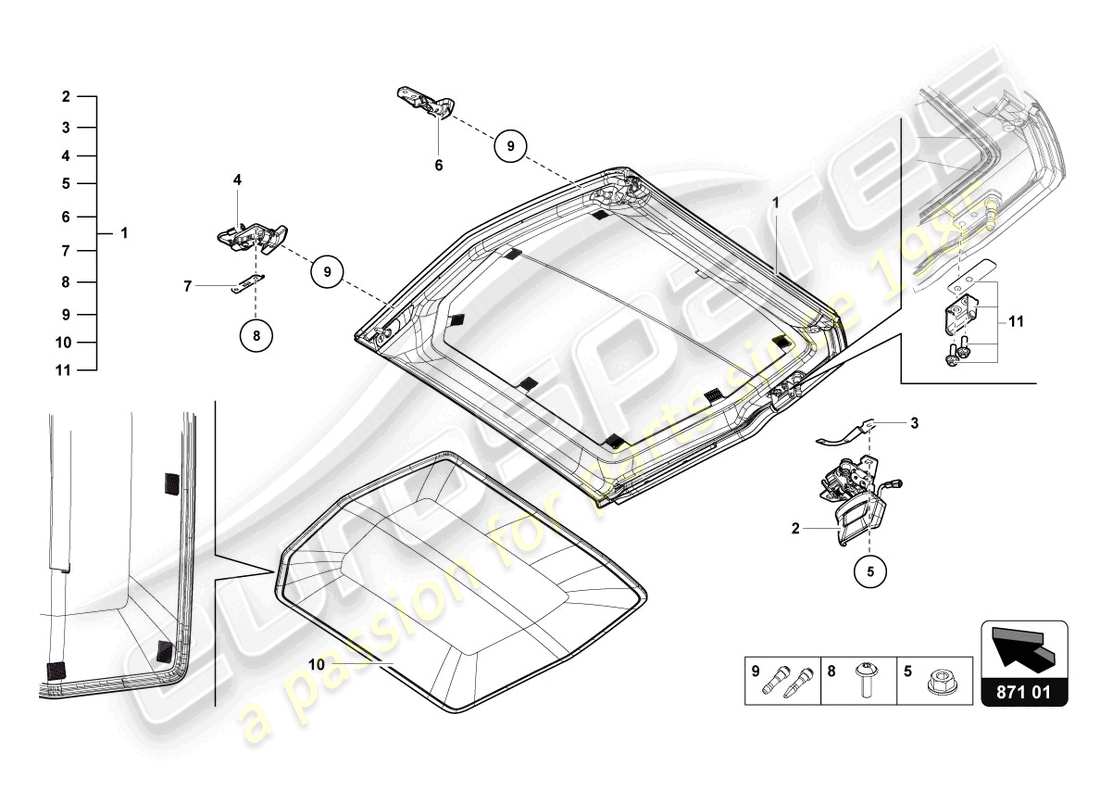 lamborghini lp740-4 s roadster (2021) diagrama de piezas del techo cabrio