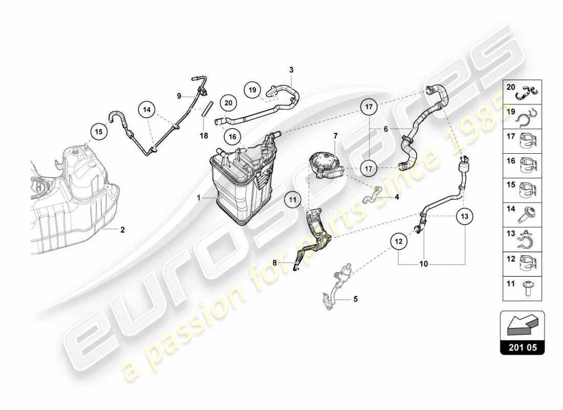 lamborghini performante coupe (2020) contenedor de carbón activado diagrama de piezas