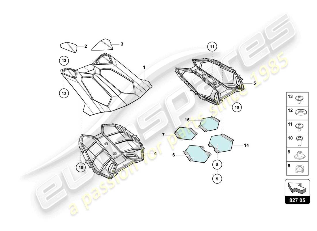 lamborghini 2015 (lp700-4 roadster) cubierta del motor con insp. diagrama de piezas de la cubierta