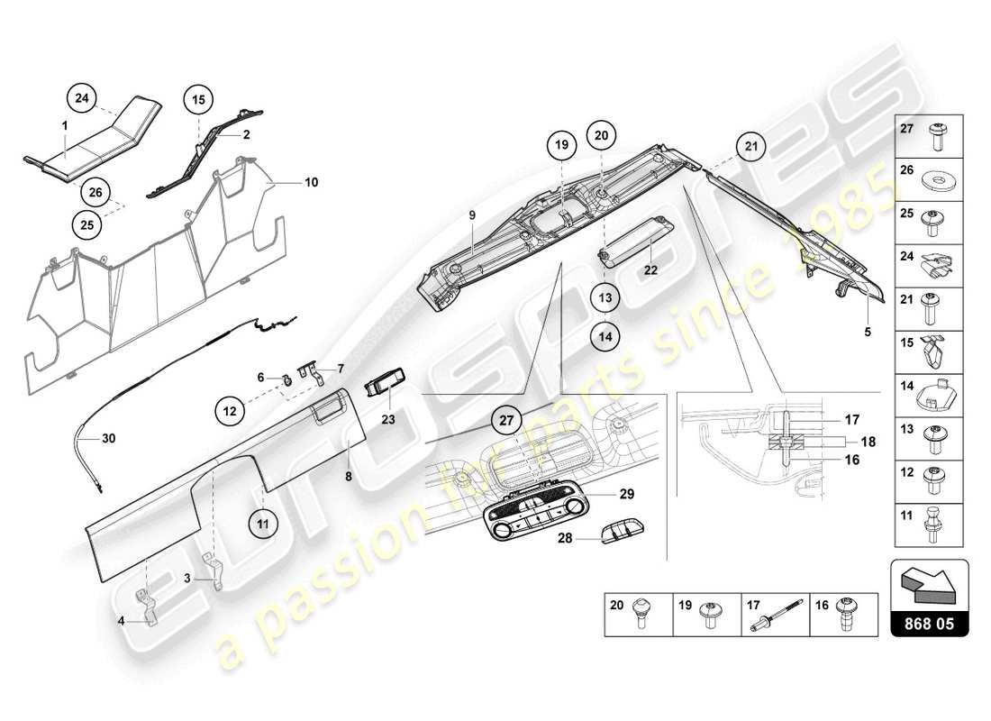 lamborghini lp740-4 s roadster (2021) decoración interior diagrama de piezas