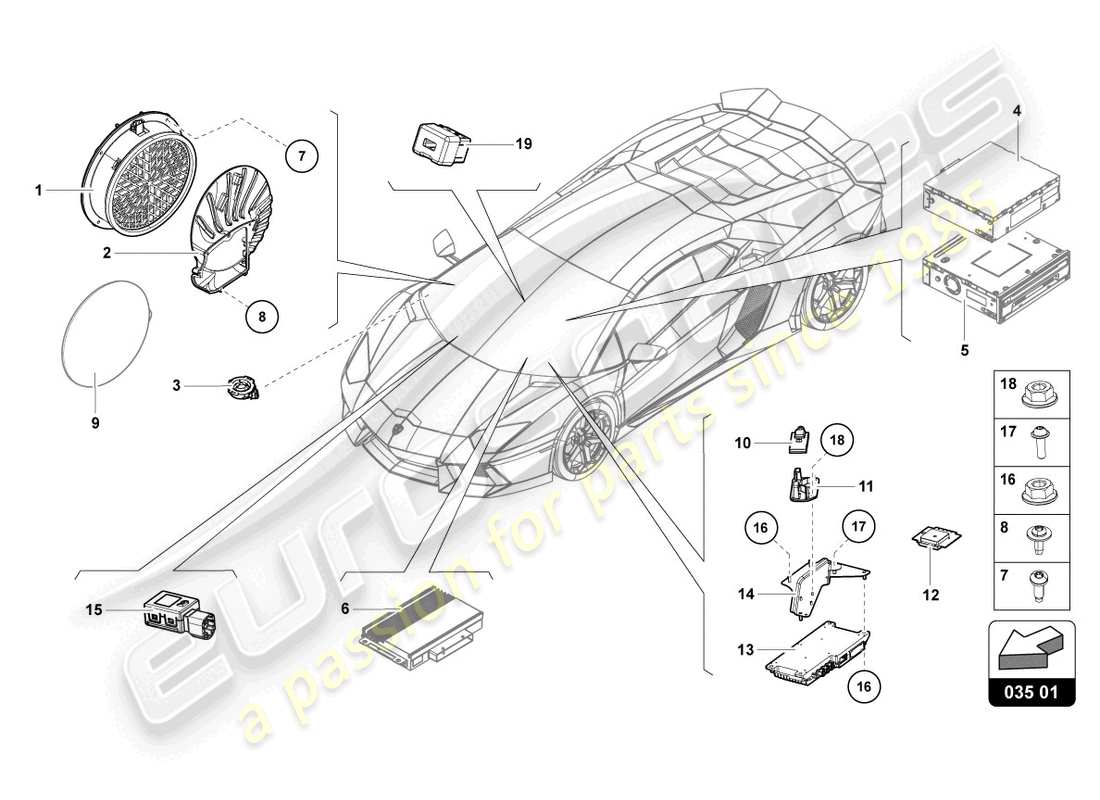 lamborghini lp740-4 s roadster (2020) diagrama de piezas de la unidad de radio