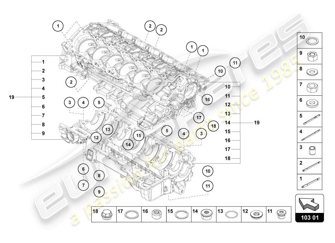 lamborghini 2014 (lp720-4 coupe 50) diagrama de piezas del bloque de motor