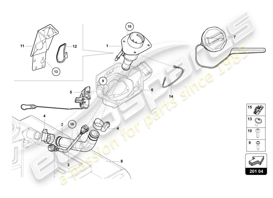 lamborghini lp740-4 s roadster (2020) cuello de llenado de combustible con restric diagrama de piezas