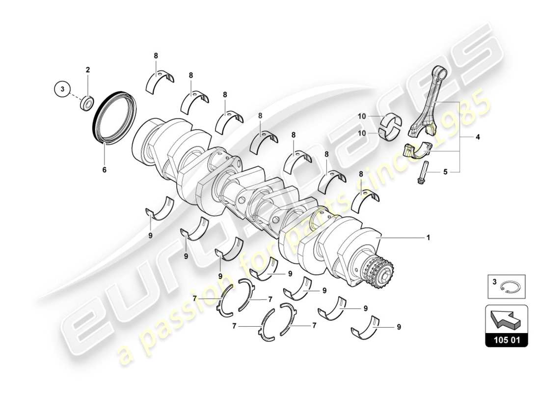 lamborghini 2012 (lp700-4 coupe)) cigüeñal con cojinetes diagrama de piezas