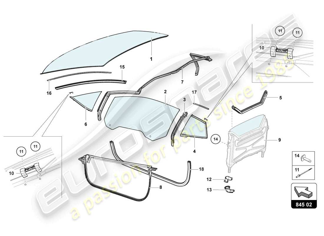 lamborghini lp740-4 s roadster (2021) vidrios de ventanas diagrama de piezas