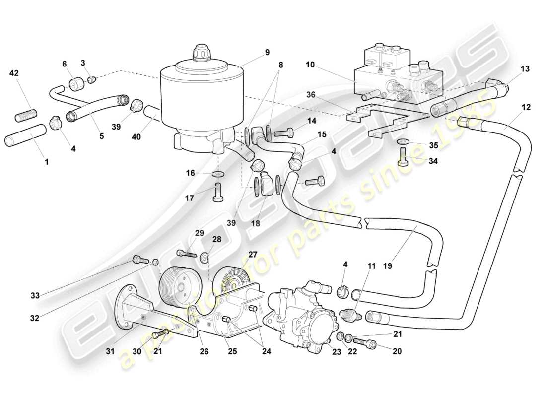lamborghini murcielago coupe (2005) sistema hidráulico y depósito de líquido con conector. piezas diagrama de piezas