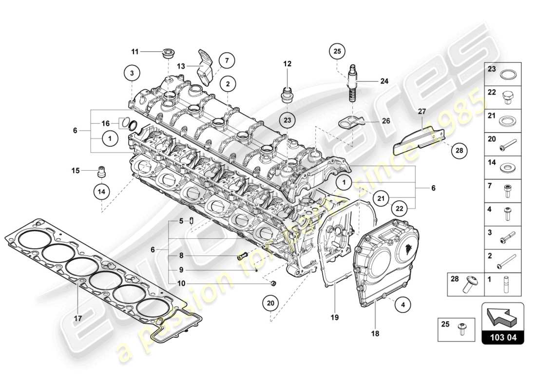 lamborghini lp740-4 s roadster (2020) culata con espárragos y manguitos de centrado esquema de piezas
