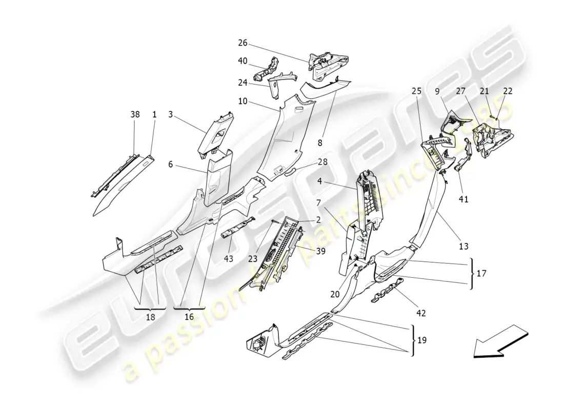 maserati levante modena (2022) paneles de adorno del pilar del habitáculo b y paneles laterales diagrama de piezas