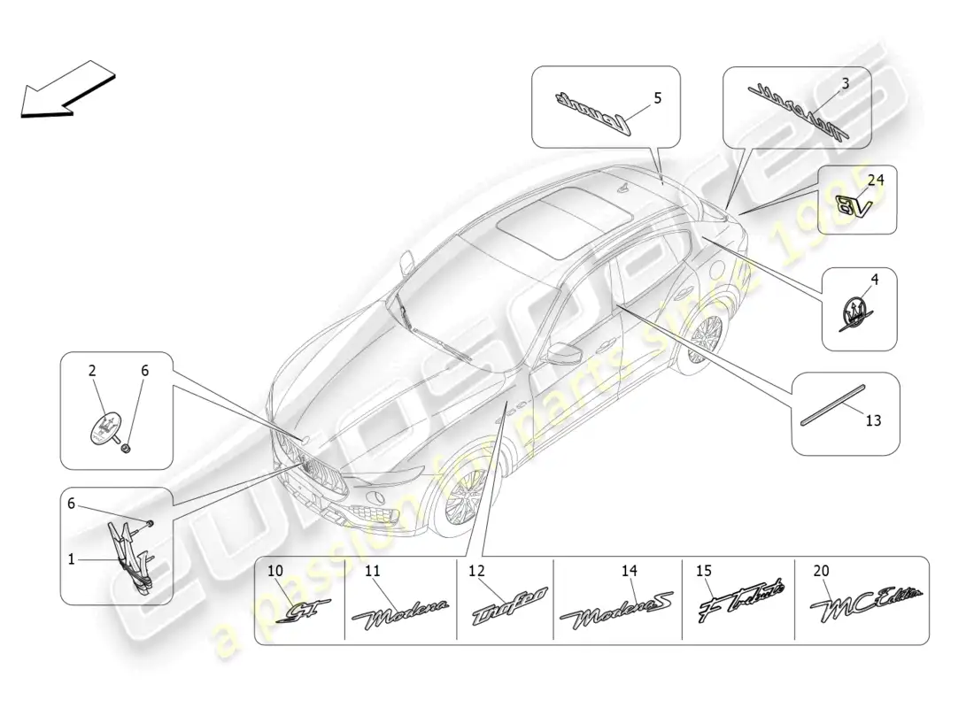 maserati levante modena (2022) acabados, marcas y símbolos diagrama de piezas