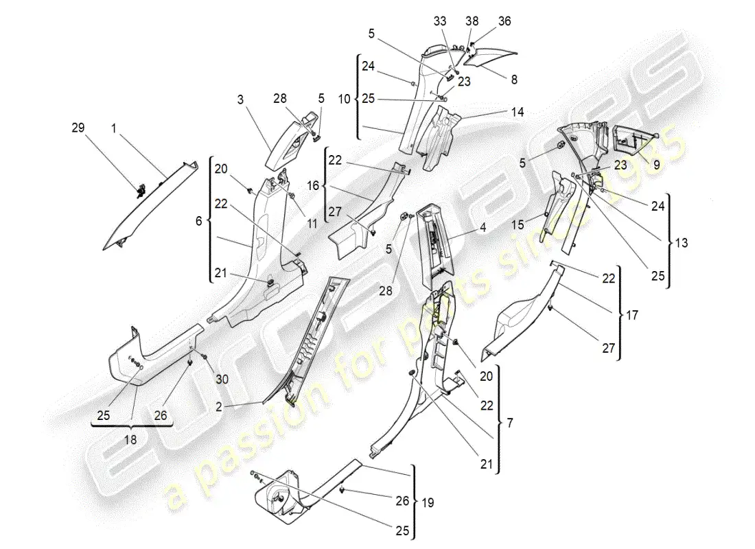maserati ghibli (2019) diagrama de piezas de paneles laterales y embellecedores del pilar b del compartimento de pasajeros
