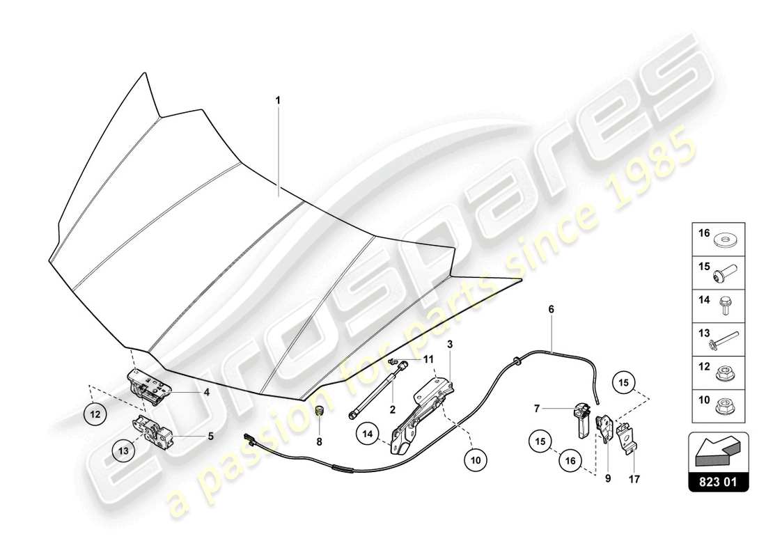 lamborghini lp740-4 s roadster (2020) diagrama de pieza delantero del capó