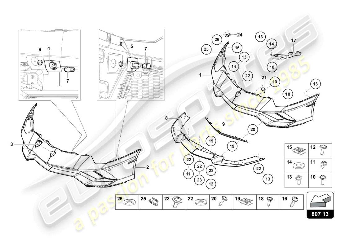 lamborghini 2018 (lp740-4 s roadster) parachoques delantero completo diagrama de pieza