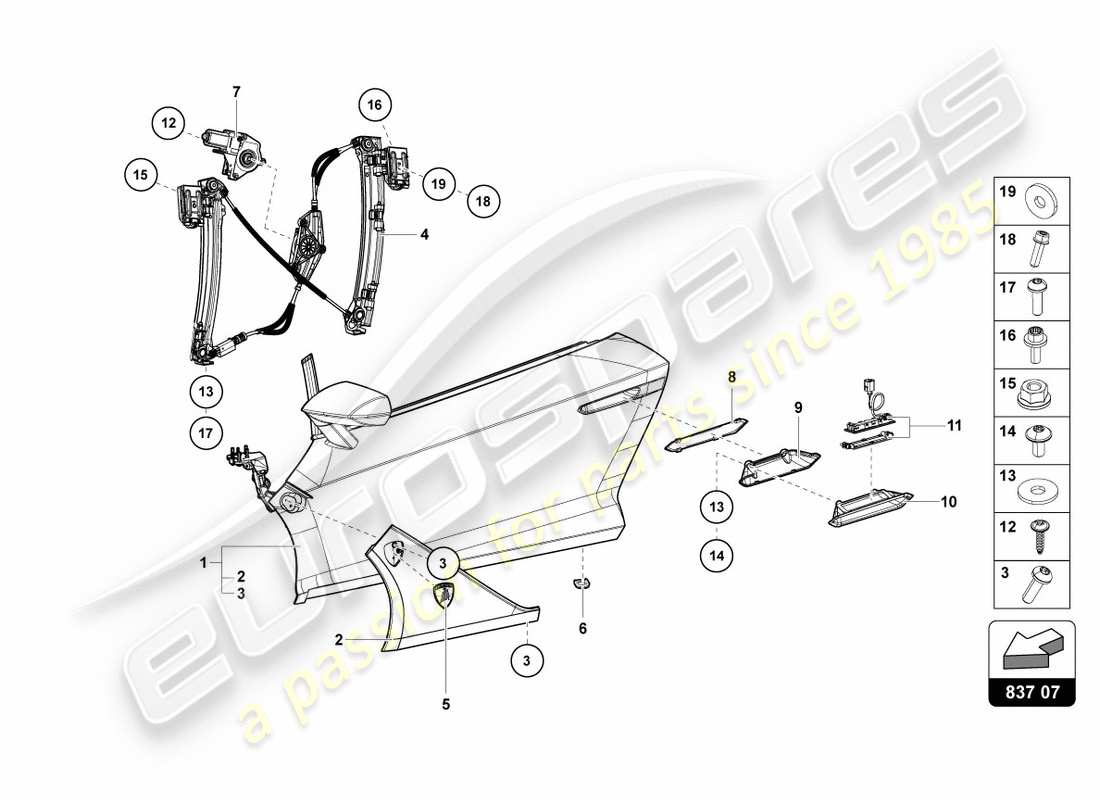 lamborghini centenario roadster (2017) diagrama de piezas de la puerta del conductor y del pasajero
