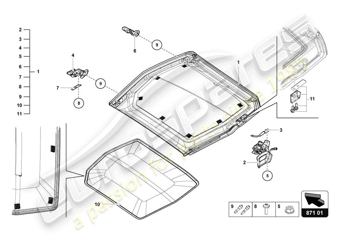 lamborghini 2021 (lp770-4 svj roadster) diagrama de piezas del techo cabrio