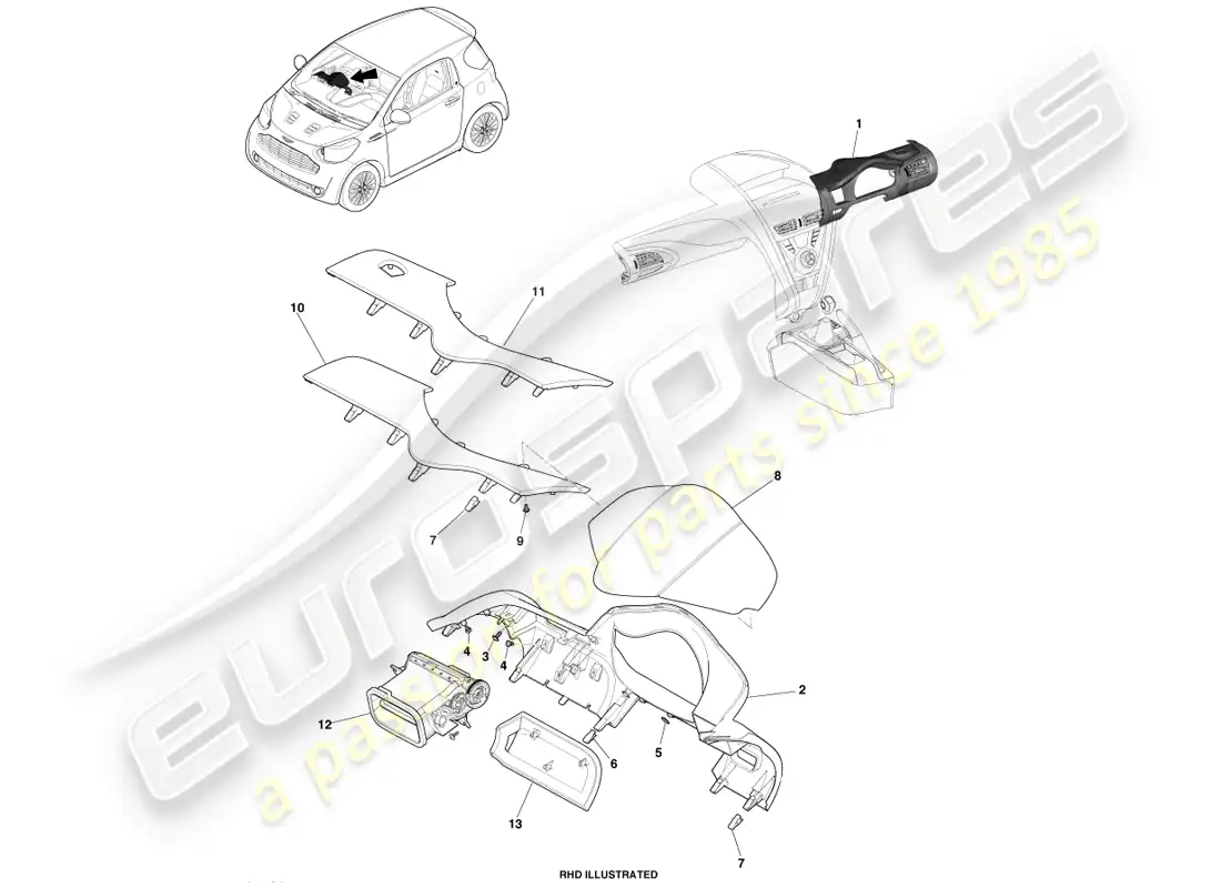 aston martin cygnet (2012) capó del grupo del panel de instrumentos ip diagrama de piezas