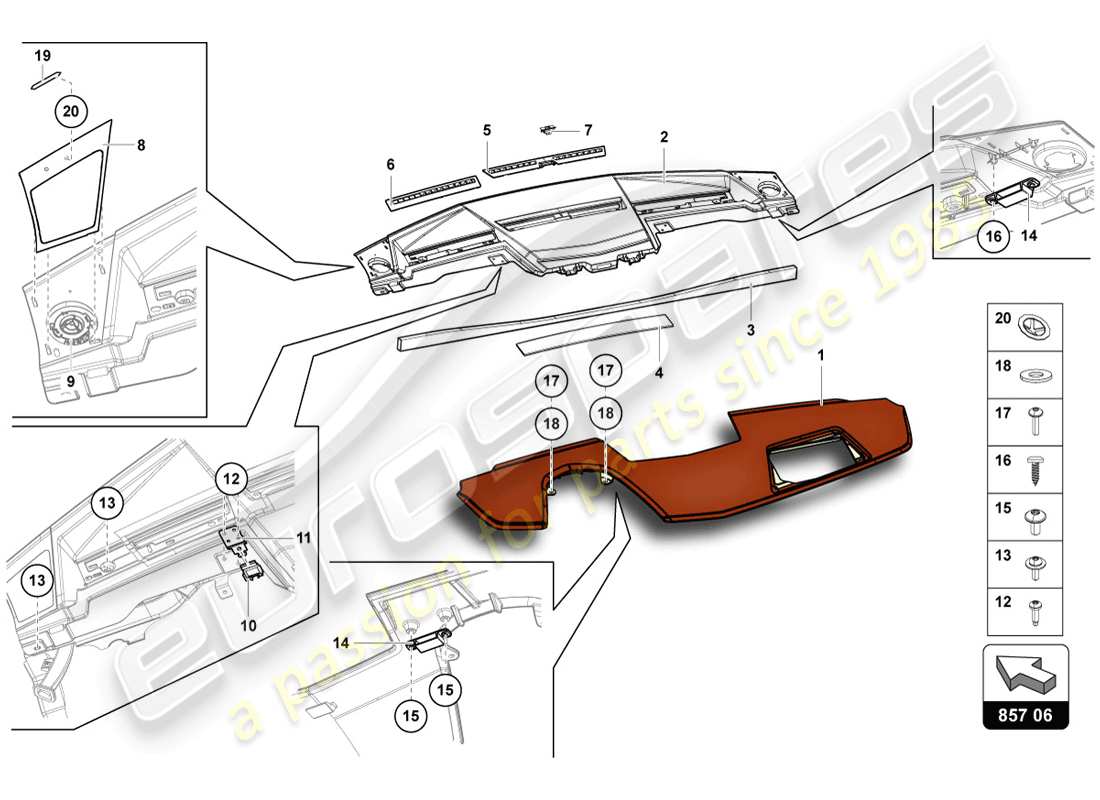 lamborghini 2014 (lp720-4 coupe 50) diagrama de piezas del panel de instrumentos