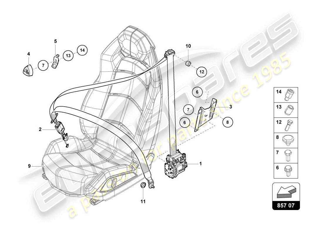 lamborghini 2014 (lp720-4 coupe 50) 3-point cinturón de seguridad con contacto de advertencia diagrama de piezas