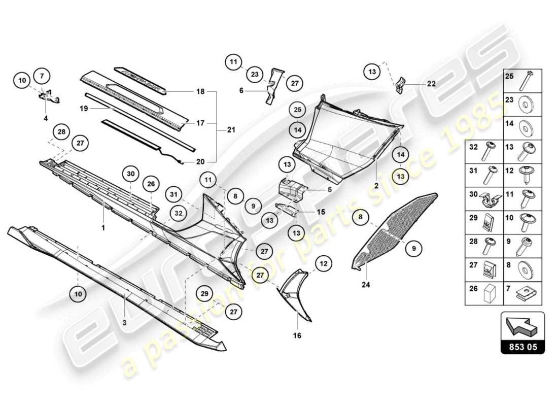 lamborghini 2020 (lp770-4 svj coupe) lateral externo inferior para alojamiento de rueda diagrama de piezas