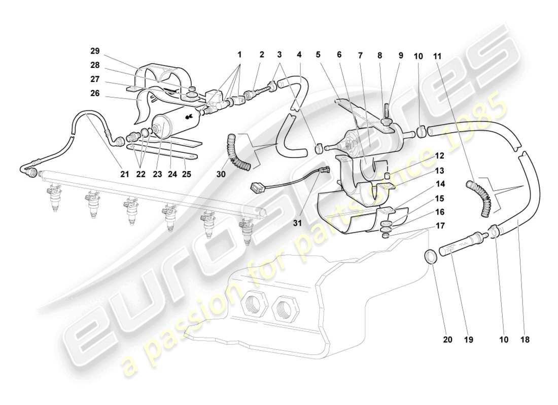 lamborghini murcielago coupe (2002) línea de combustible con tubo de respiradero diagrama de piezas