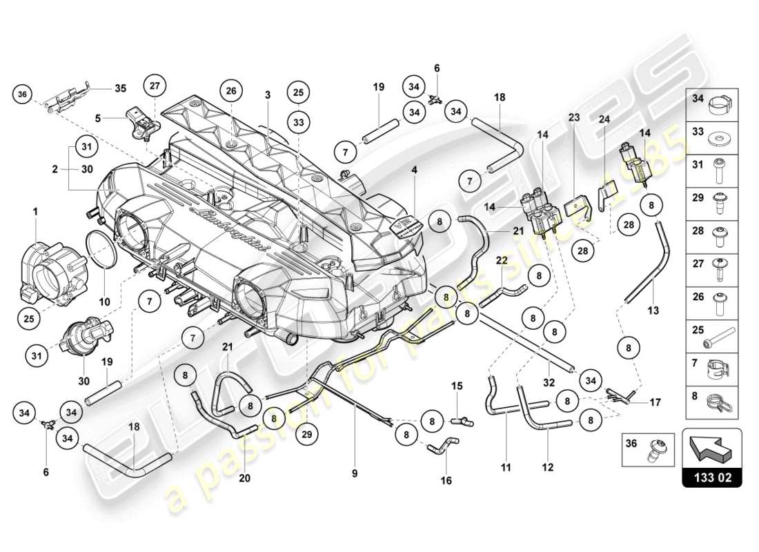lamborghini 2021 (lp740-4 s coupe) diagrama de piezas del colector de admisión