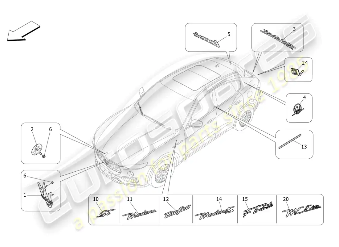 maserati levante gt (2022) acabados, marcas y símbolos diagrama de piezas