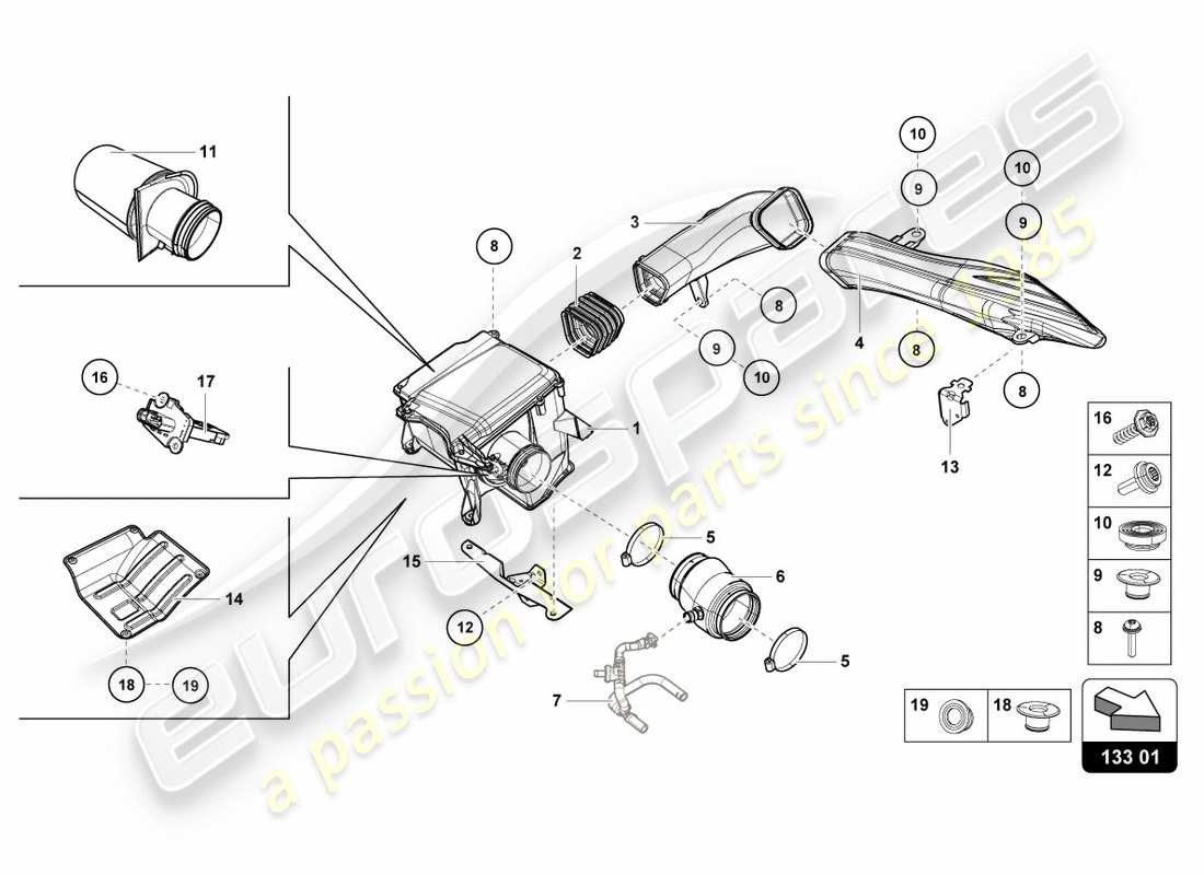 lamborghini 2018 (lp580-2 coupe) diagrama de piezas de la carcasa del filtro de aire