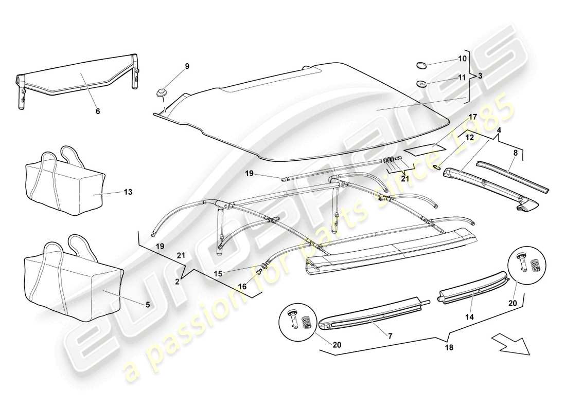 lamborghini murcielago roadster (2005) cubierta - diagrama de piezas superior