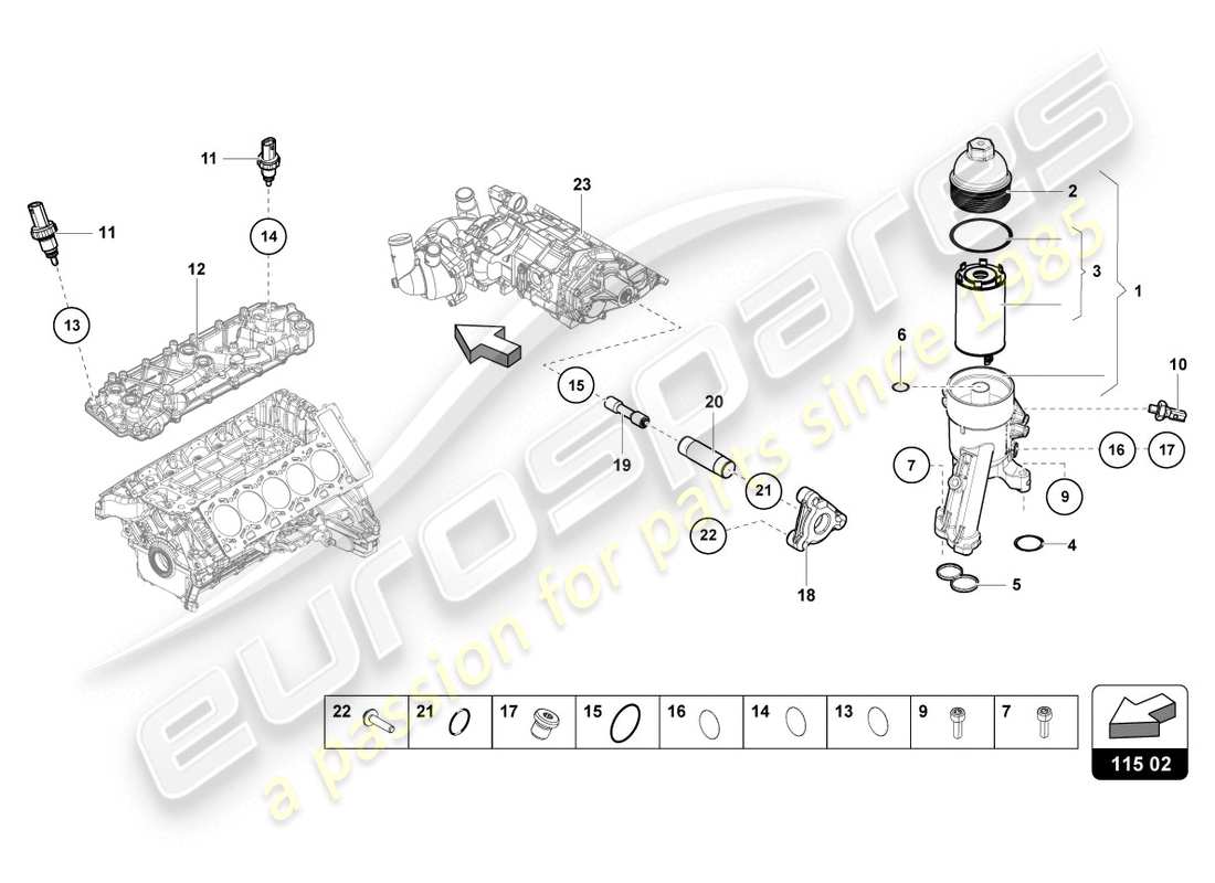 lamborghini evo spyder (2020) elemento filtrante de aceite diagrama de piezas