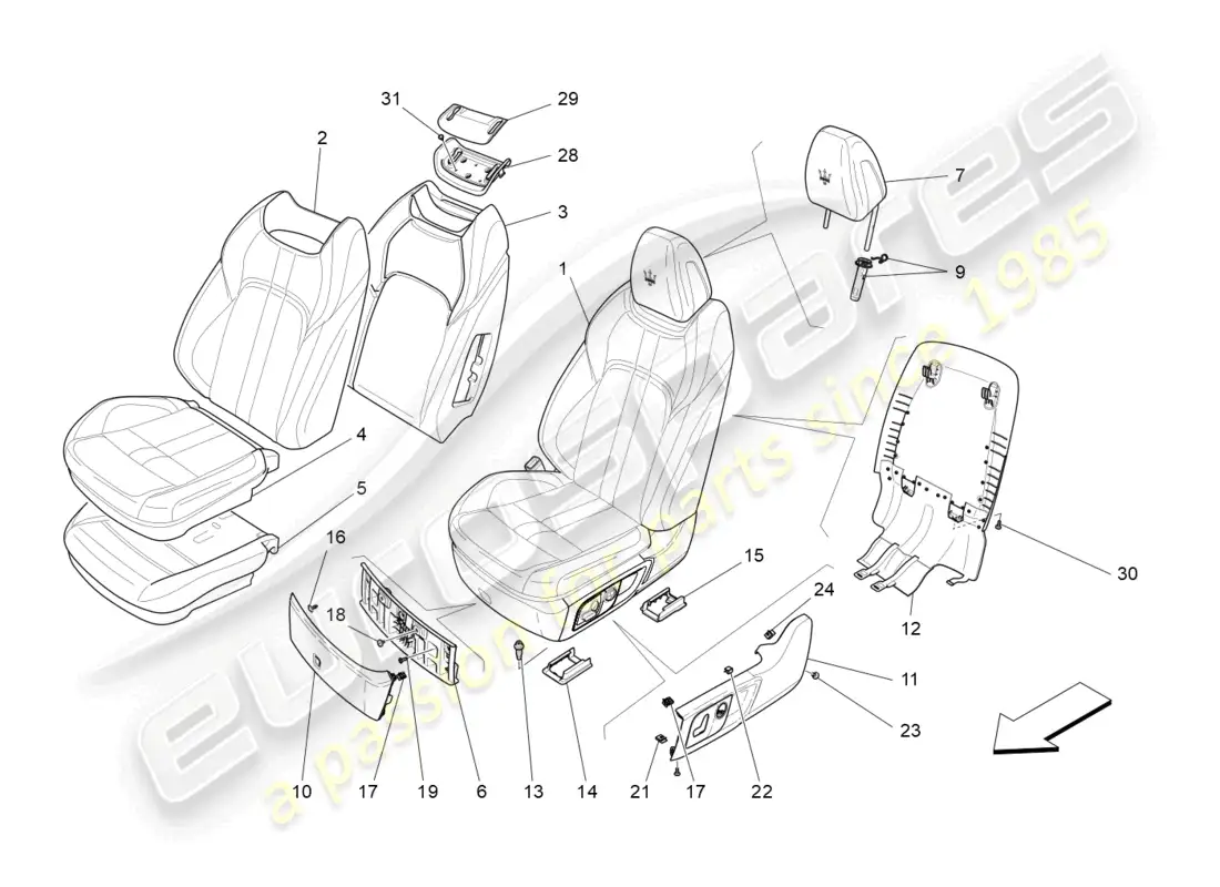 maserati levante modena (2022) front seats: trim panels diagrama de piezas