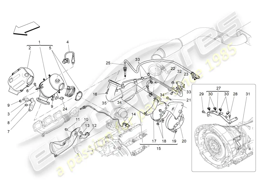 maserati ghibli (2014) convertidores precatalíticos y convertidores catalíticos. diagrama de piezas